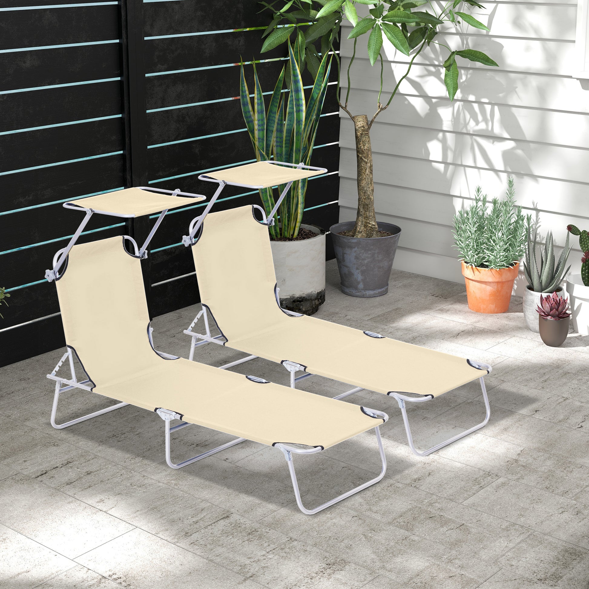 Outsunny Conjunto De 2 Tumbonas Plegables Con Toldo 187x58x36 Cm Beige_1
