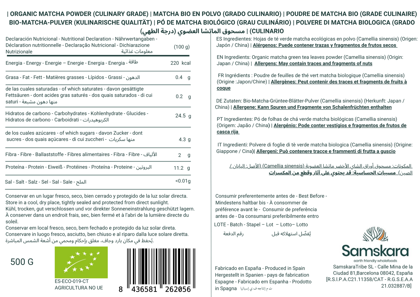 Matcha En Polvo Bio - 500g | Superalimento Ecológico Vegano Para Batidos, Smoothies Y Zumos, Sin Azúcares Añadidos_1