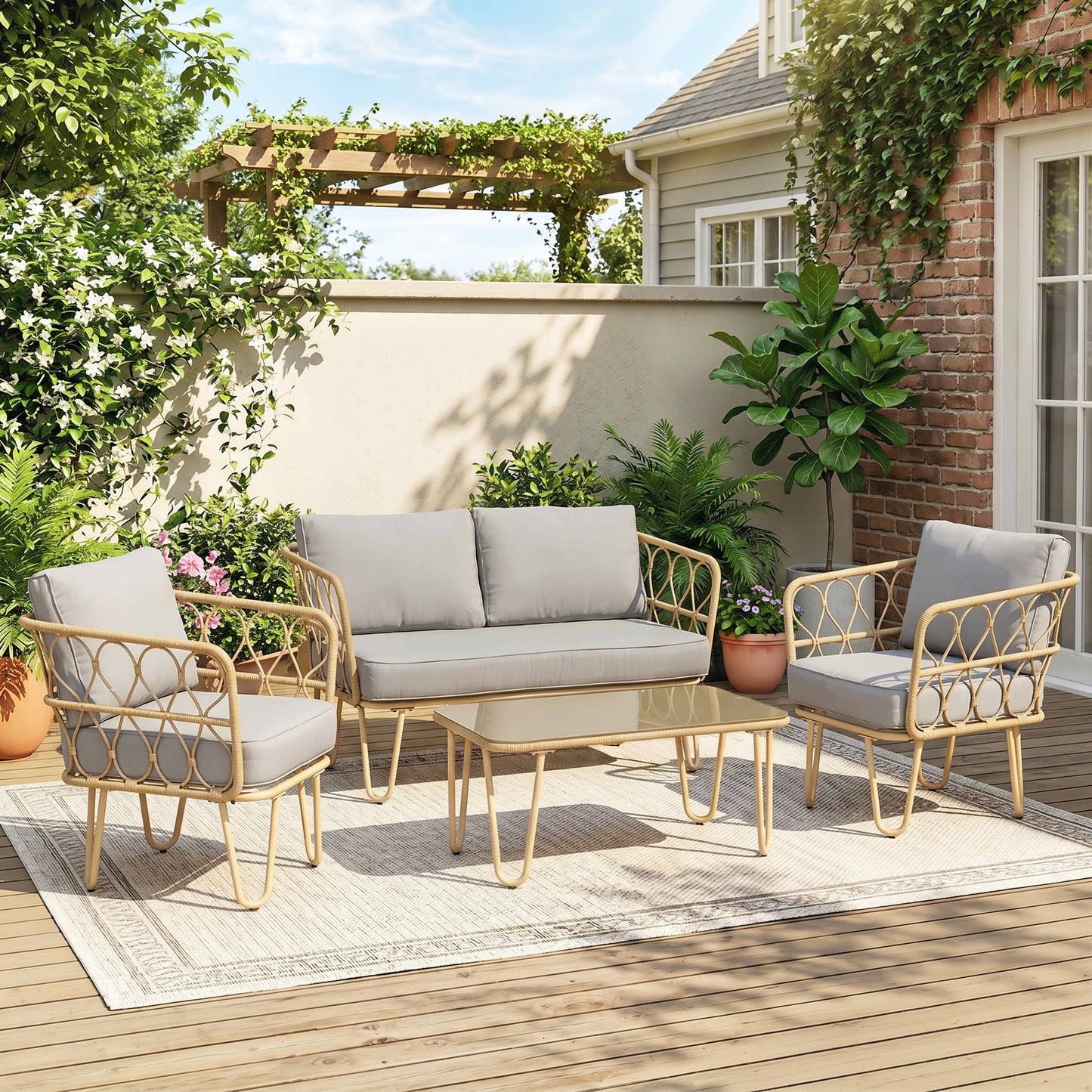 Outsunny Conjunto De Jardín De Ratán Sintético De 4 Piezas Natural Y Gris_1