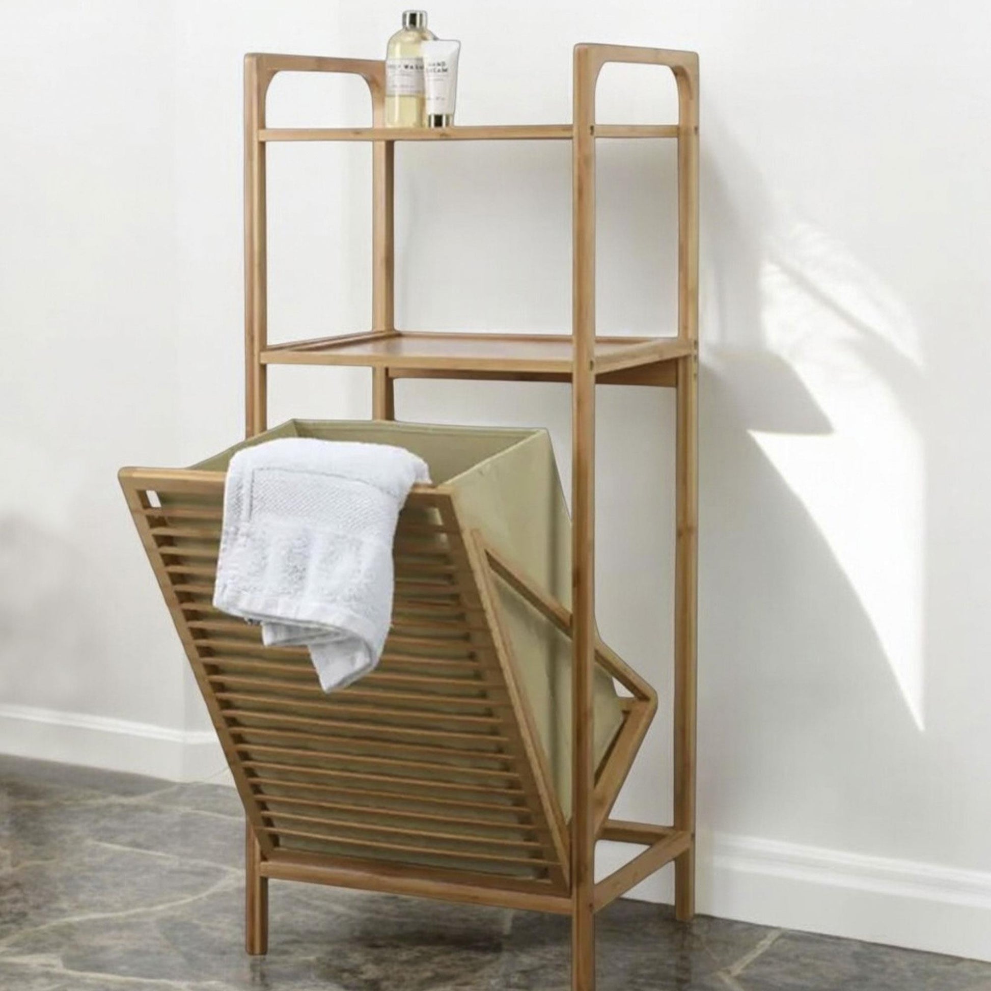 Well Home Estantería De Baño En Bambú Con 2 Estantes Y Bolsa De Lavandería 40x30x95cm_4