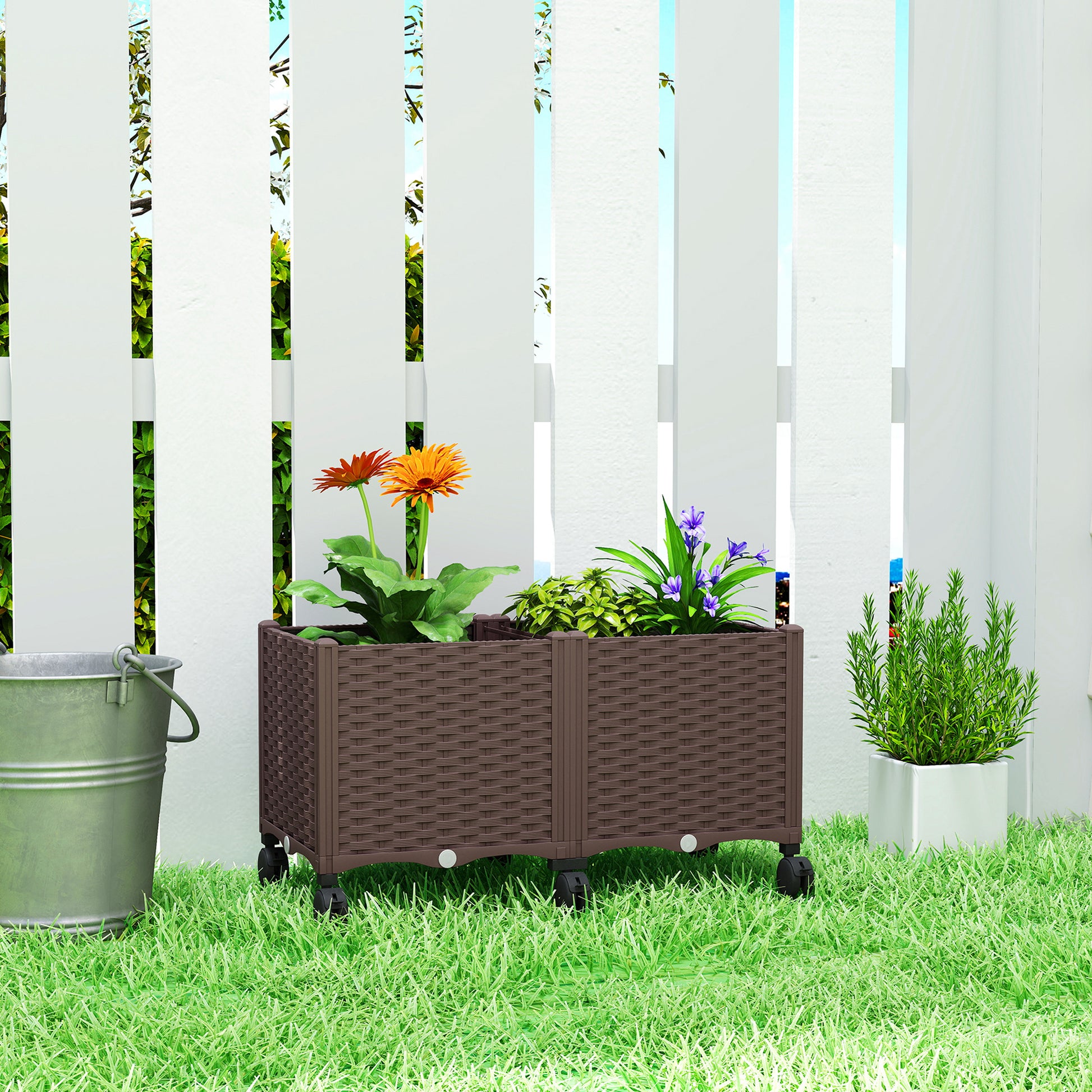 Outsunny Jardinera Elevada Con 6 Ruedas Riego Automático Y Drenaje Marrón_4