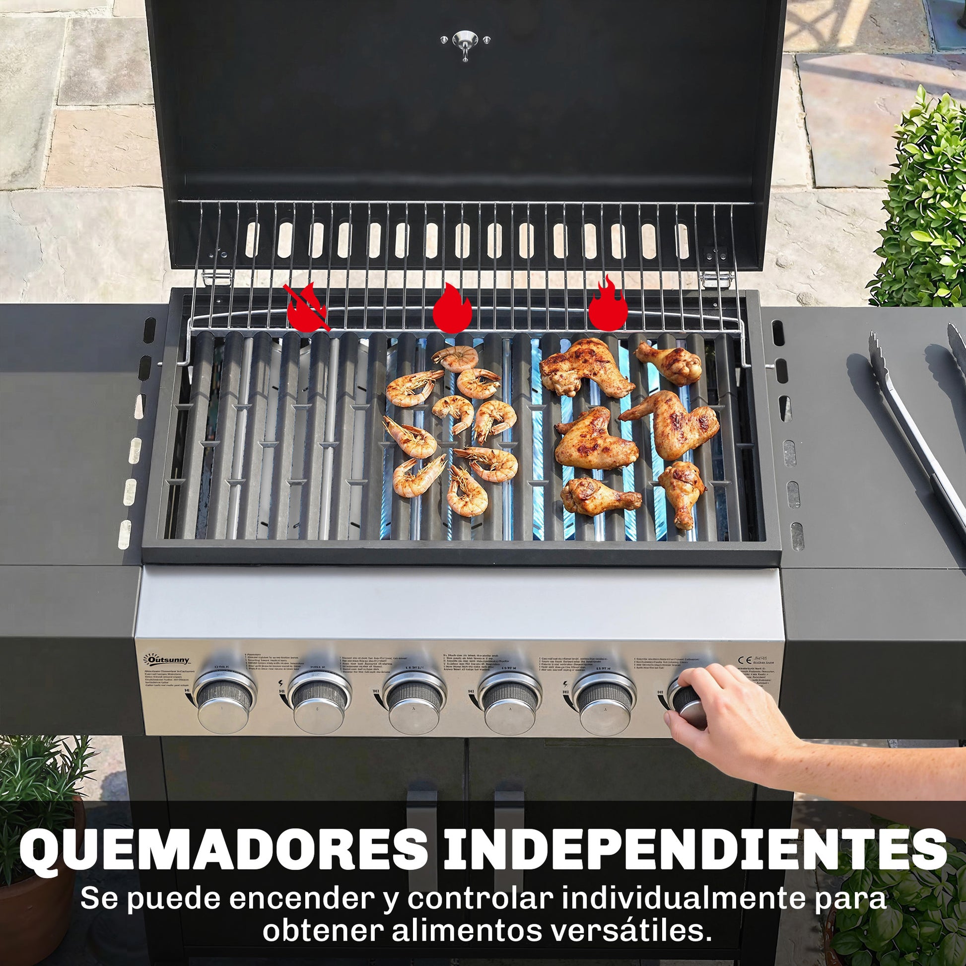 Outsunny Barbacoa De Gas Con 6 Quemadores 15 Kw Termómetro Mesas Laterales Negro_4