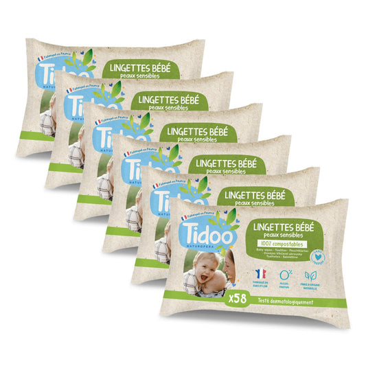 Pack 6 Toallitas Ultra Suaves y Compostable con Caléndula Sin Perfume Tidoo, 6x58 uds
