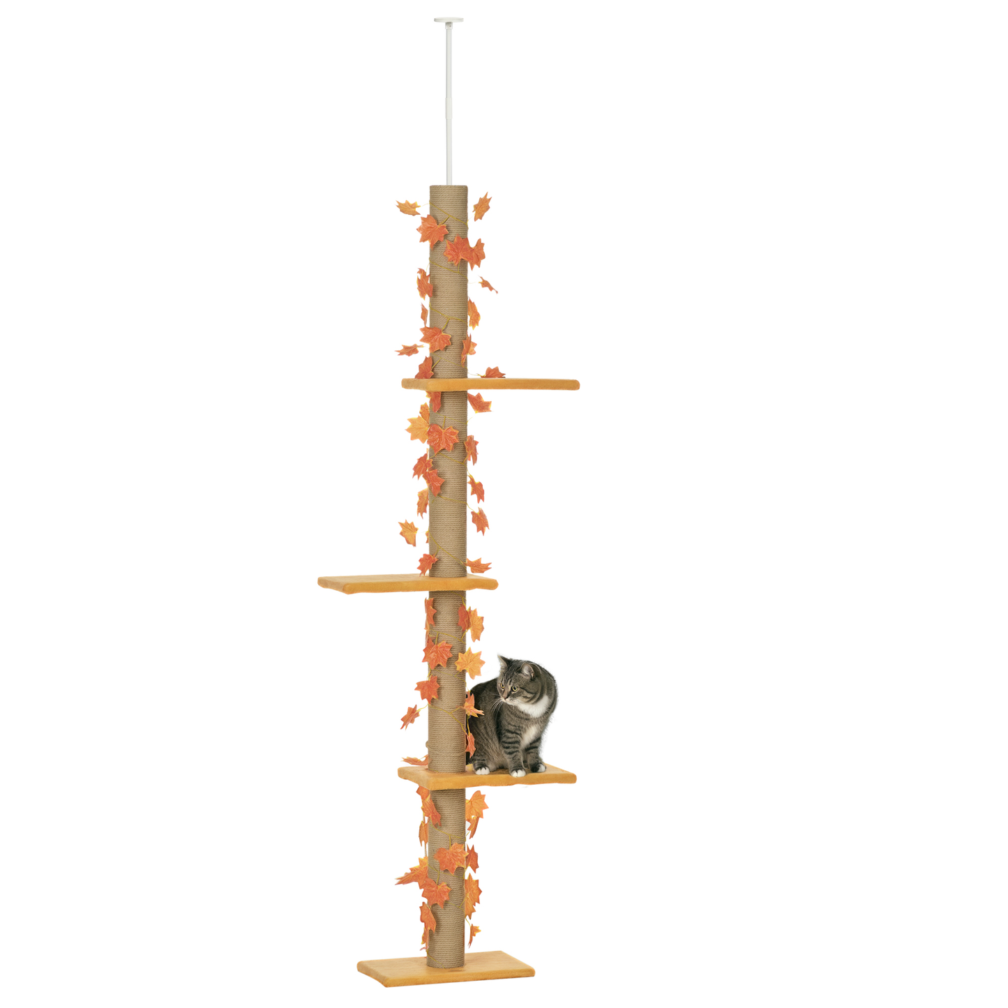 Pawhut Árbol Para Gatos De Suelo A Techo De 202-242 Cm Con 3 Plataformas Naranja_0