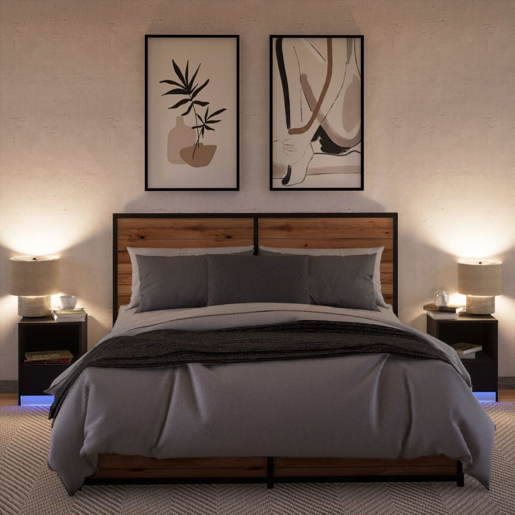 Mesitas De Noche Con Luces Led 2 Uds Madera Ingeniería Negra_3