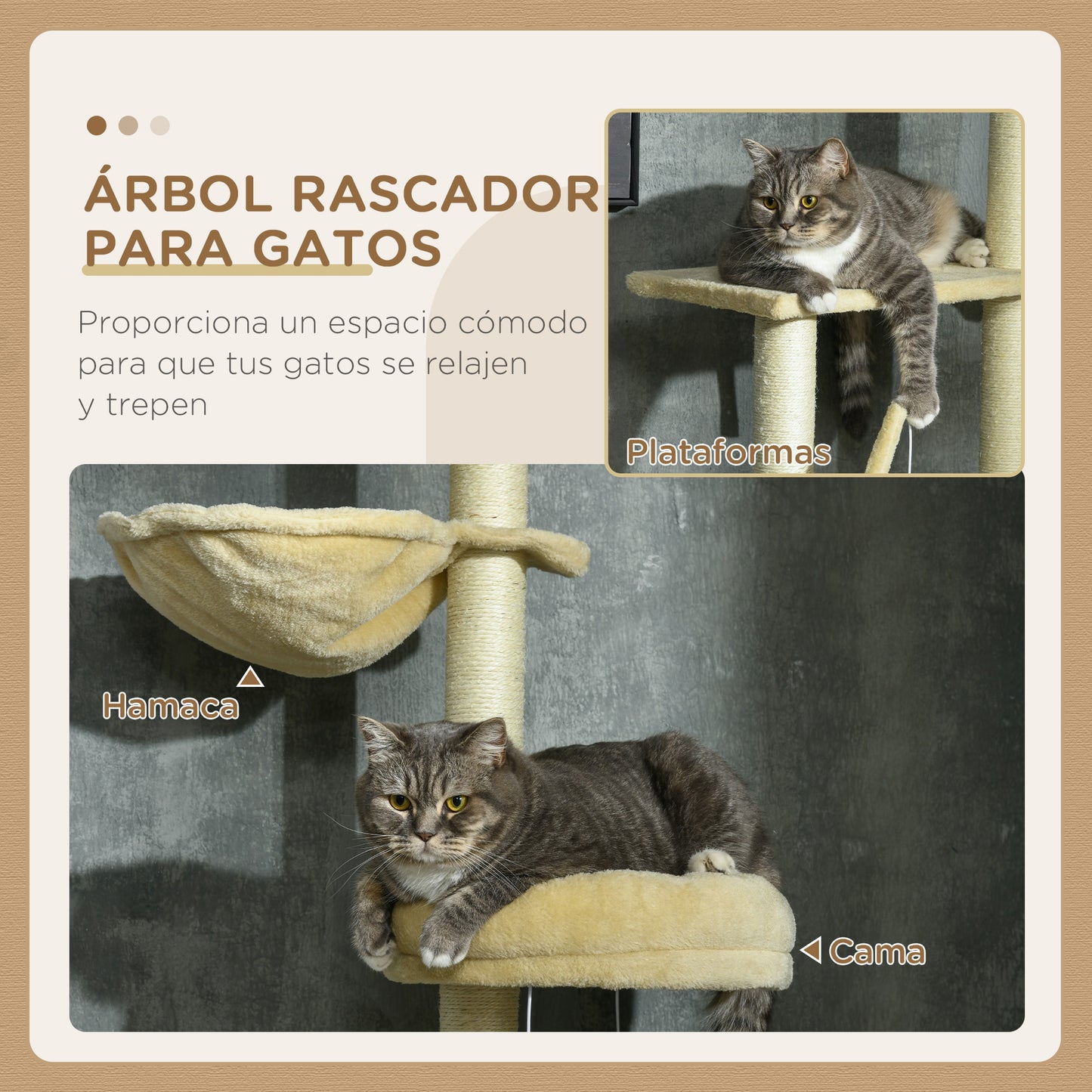 Pawhut Árbol Para Gatos De Suelo A Techo De 230-250cm Con Altura Ajustable Beige_3