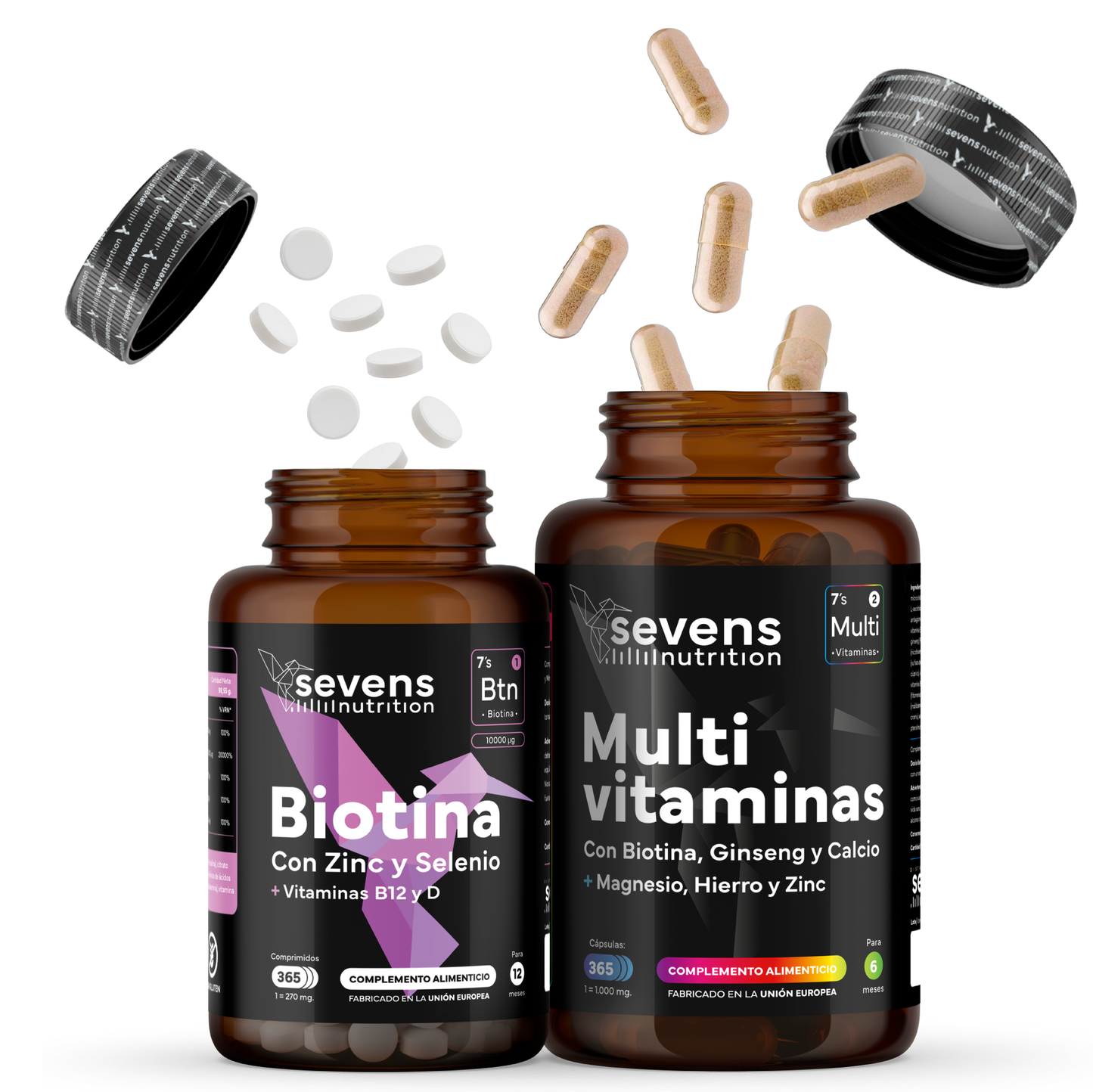 Biotina 10.000 Mcg + Multivitaminas Con Ginseng. Sevens Nutrition. Cabello, Piel Y Uñas + Energía Y Vitalidad Diaria_0