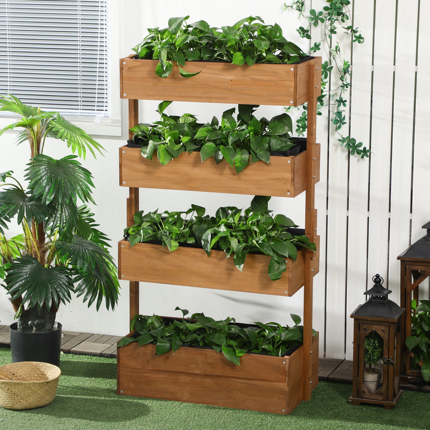 Outsunny Jardinera De Madera De 4 Niveles Con Orificios De Drenaje Naranja_1