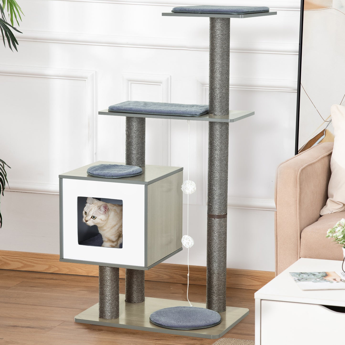 Pawhut Árbol Rascador Gatos De Madera 71,5x49,5x120 Cm Con Cueva Postes De Sisal_1