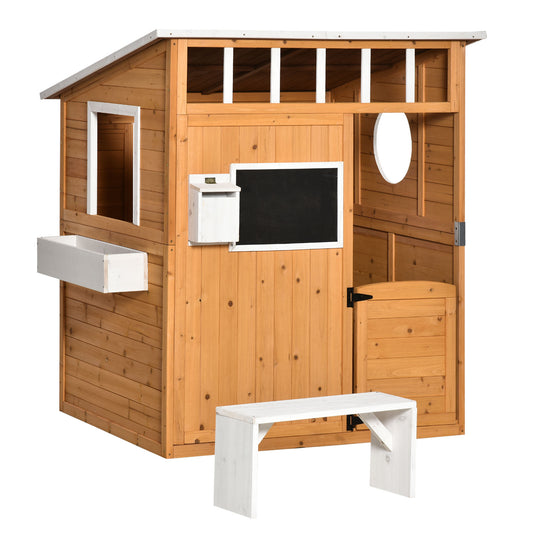 Outsunny Casa Infantil De Madera Con Banco Pizarra Y Macetero 122x108x135,5 Cm_0