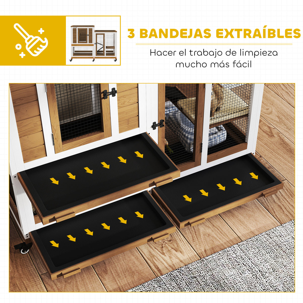 Pawhut Conejera De Madera De 2 Niveles Con Ruedas Y Bandejas Extraíbles Marrón_5
