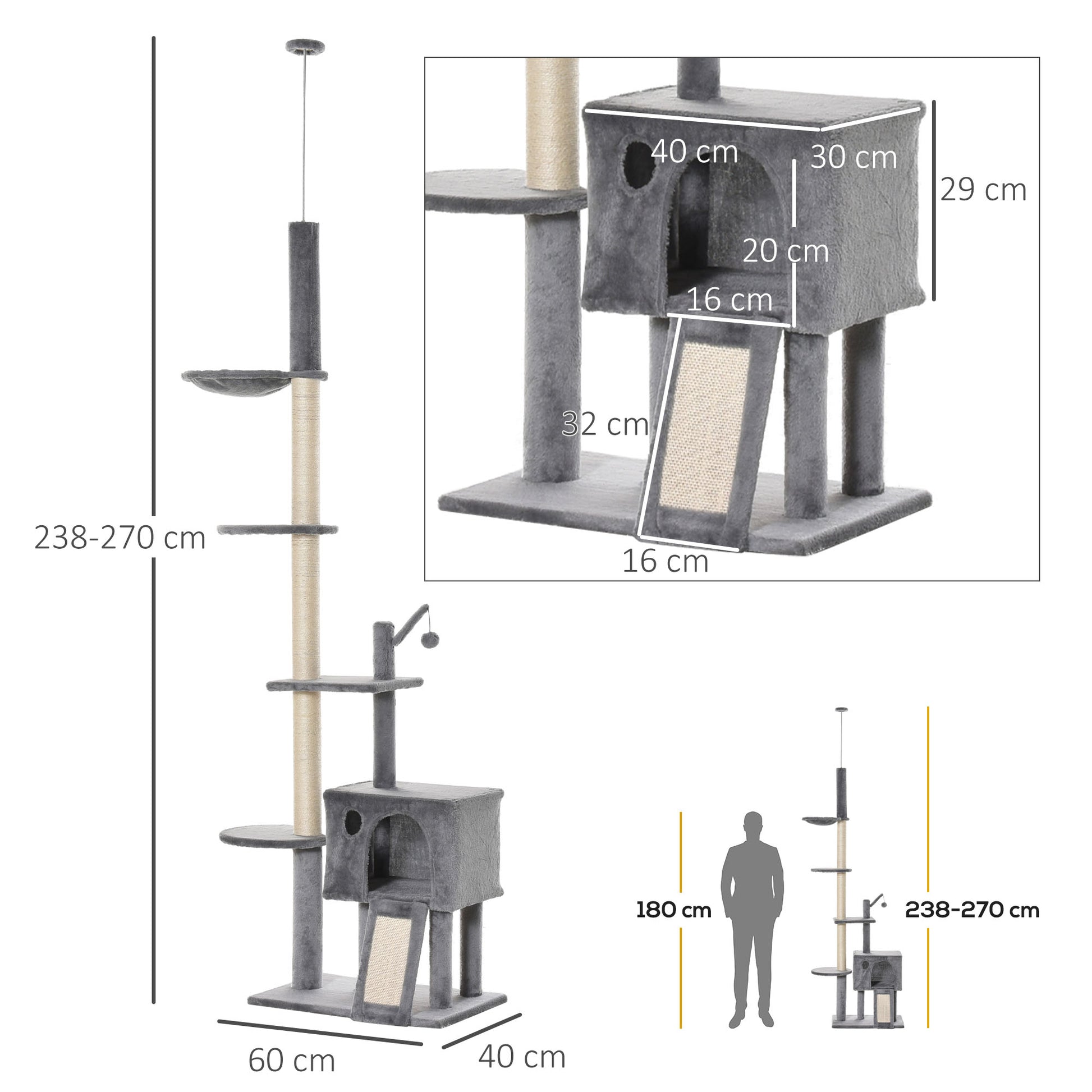 Pawhut Árbol Rascador Para Gatos Altura Ajustable 238-270 Cm Con Hamaca Cueva_2