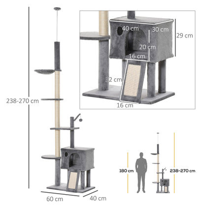 Pawhut Árbol Rascador Para Gatos Altura Ajustable 238-270 Cm Con Hamaca Cueva_2
