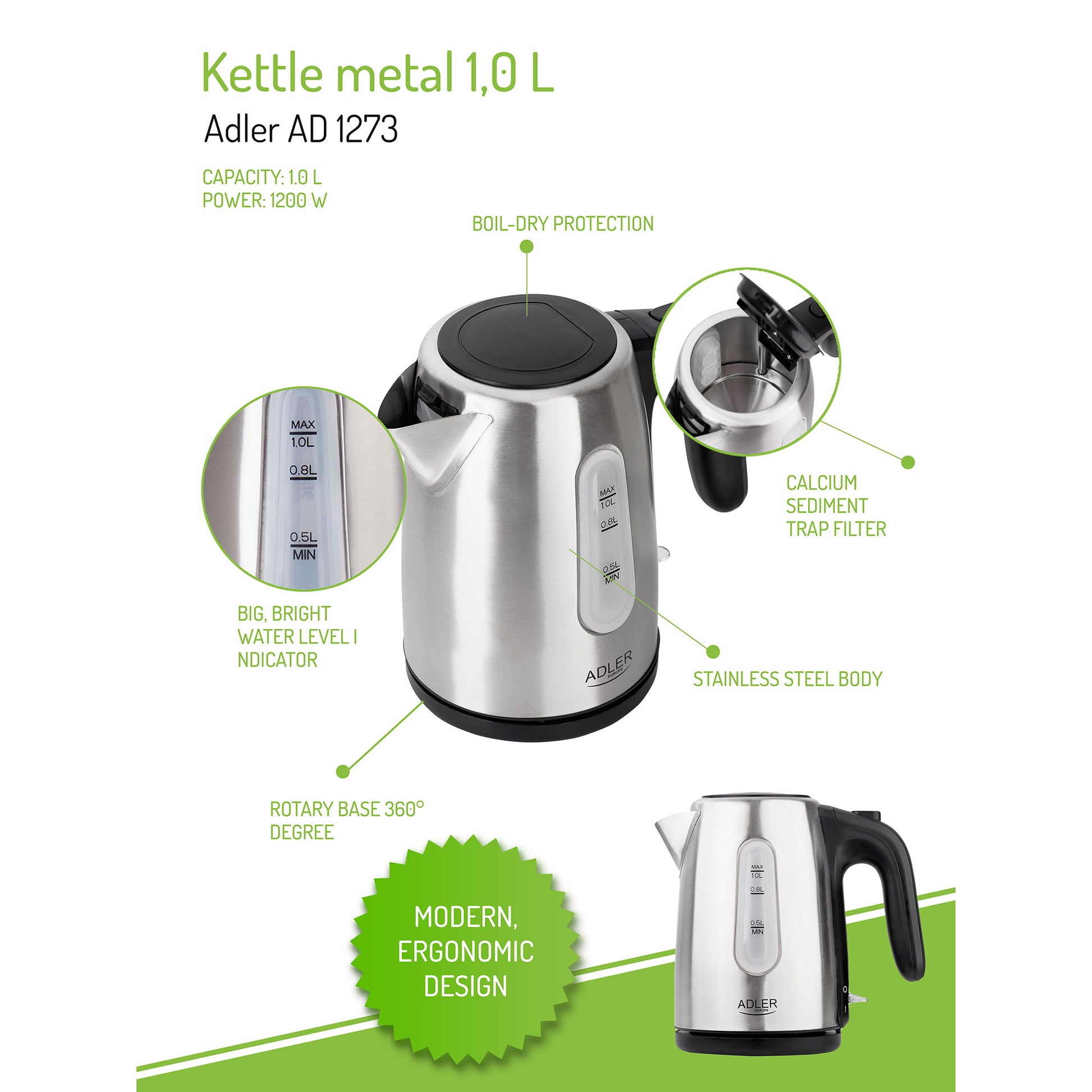 Hervidor Agua Eléctrico 1 Litro Acero Inoxidable, Sin Bpa, Inalámbrico, Apagado Automático Adler Ad1273, 1200w