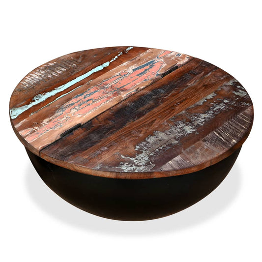 Mesa De Centro De Madera Maciza Reciclada Negra En Forma De Bol_0