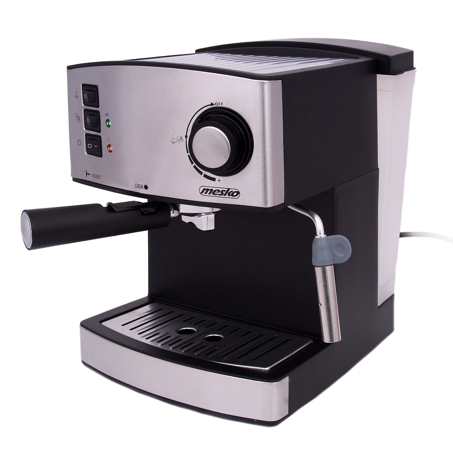 Cafetera Expresso Manual 15 Bares 1,6 L, Brazo Doble Salida, Espumador Leche, Calientatazas Mesko Ms4403 Plata
