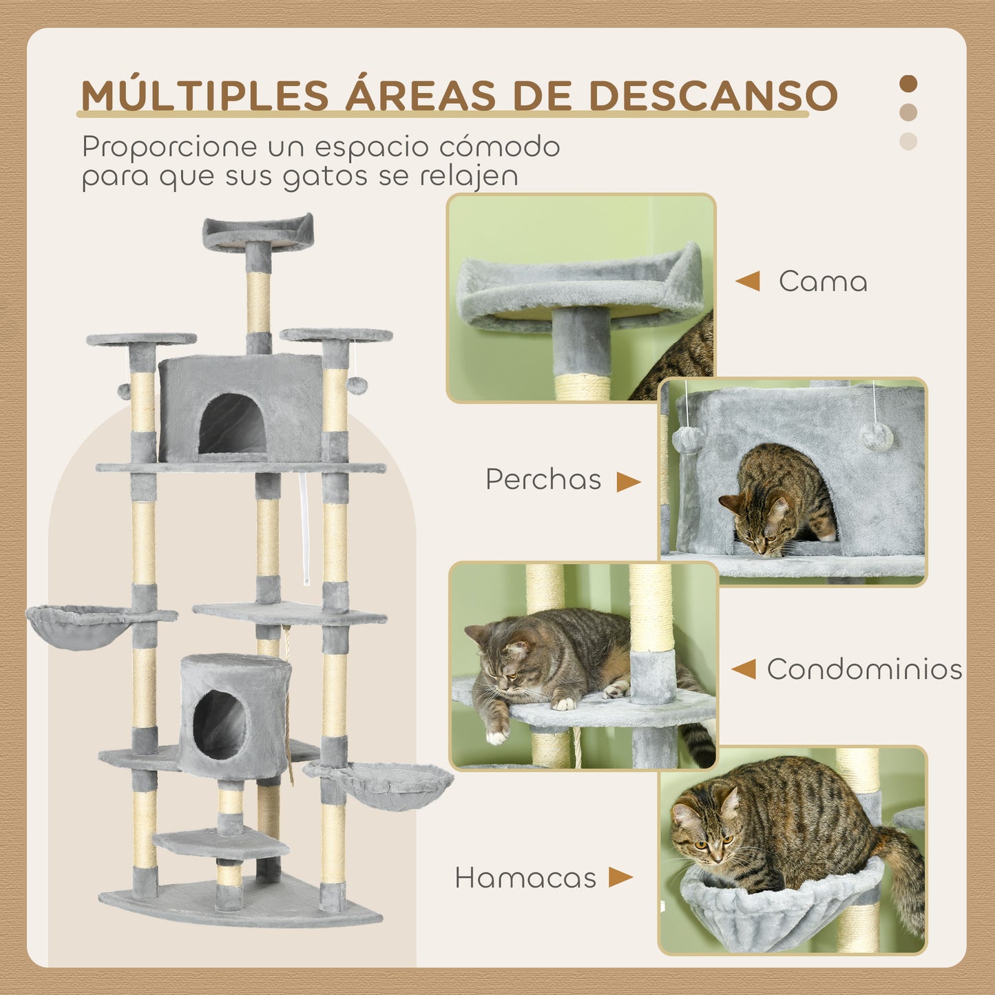 Pawhut Árbol Rascador Para Gatos 60x60x200 Cm Con 2 Cuevas Múltiples Plataformas_3