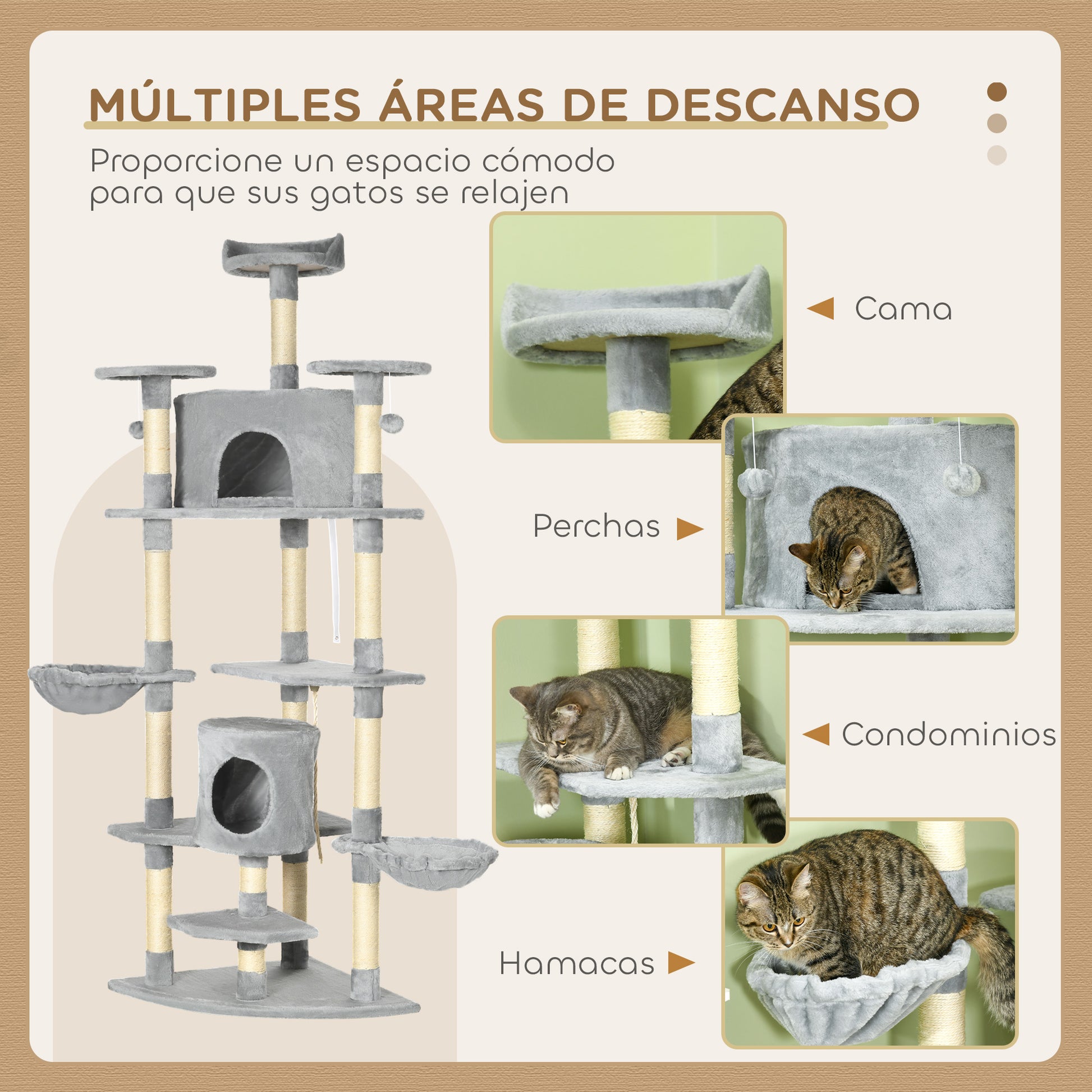 Pawhut Árbol Rascador Para Gatos 60x60x200 Cm Con 2 Cuevas Múltiples Plataformas_3
