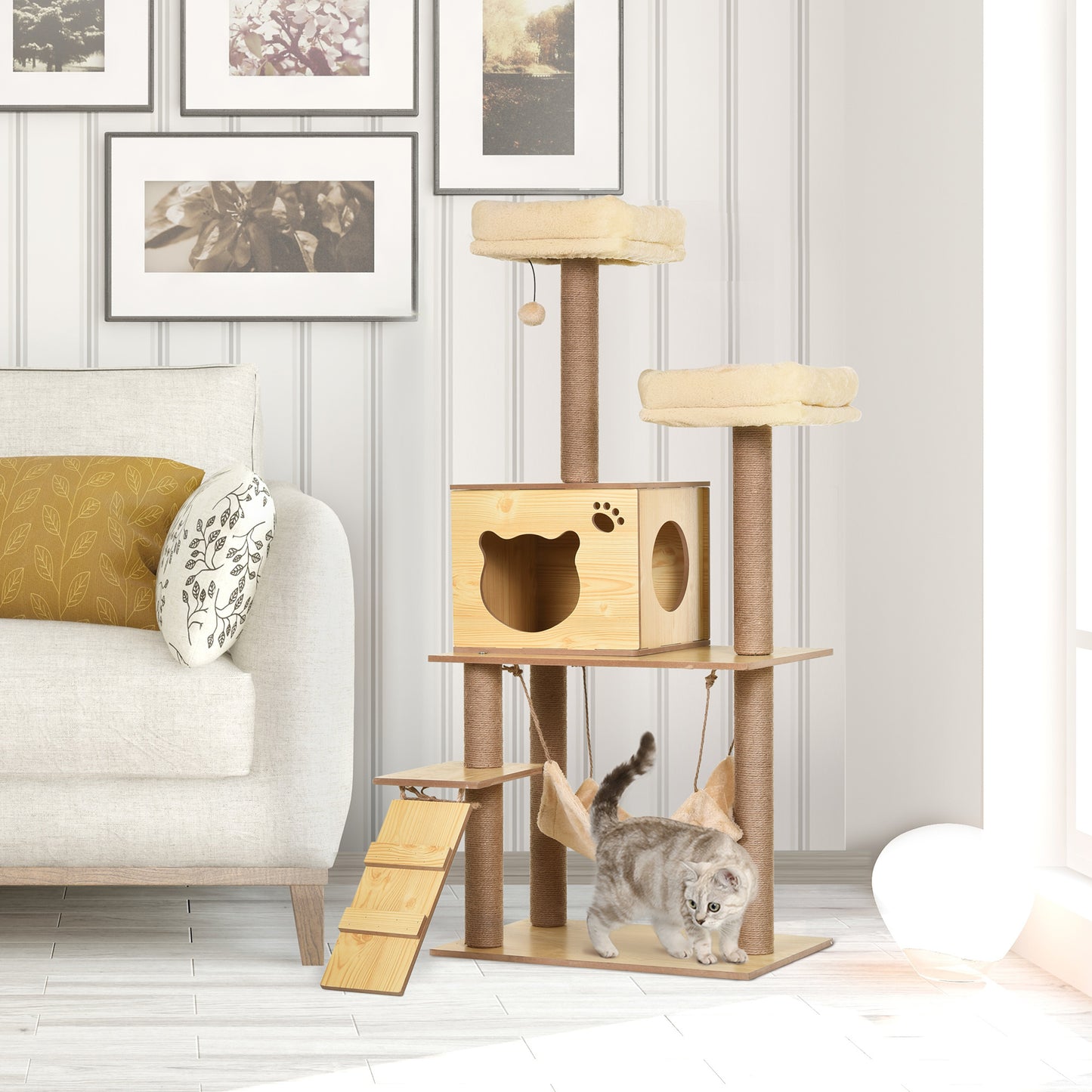 Pawhut Árbol Rascador Para Gatos Altura 130cm Con Postes De Yute 2 Camas Natural_1