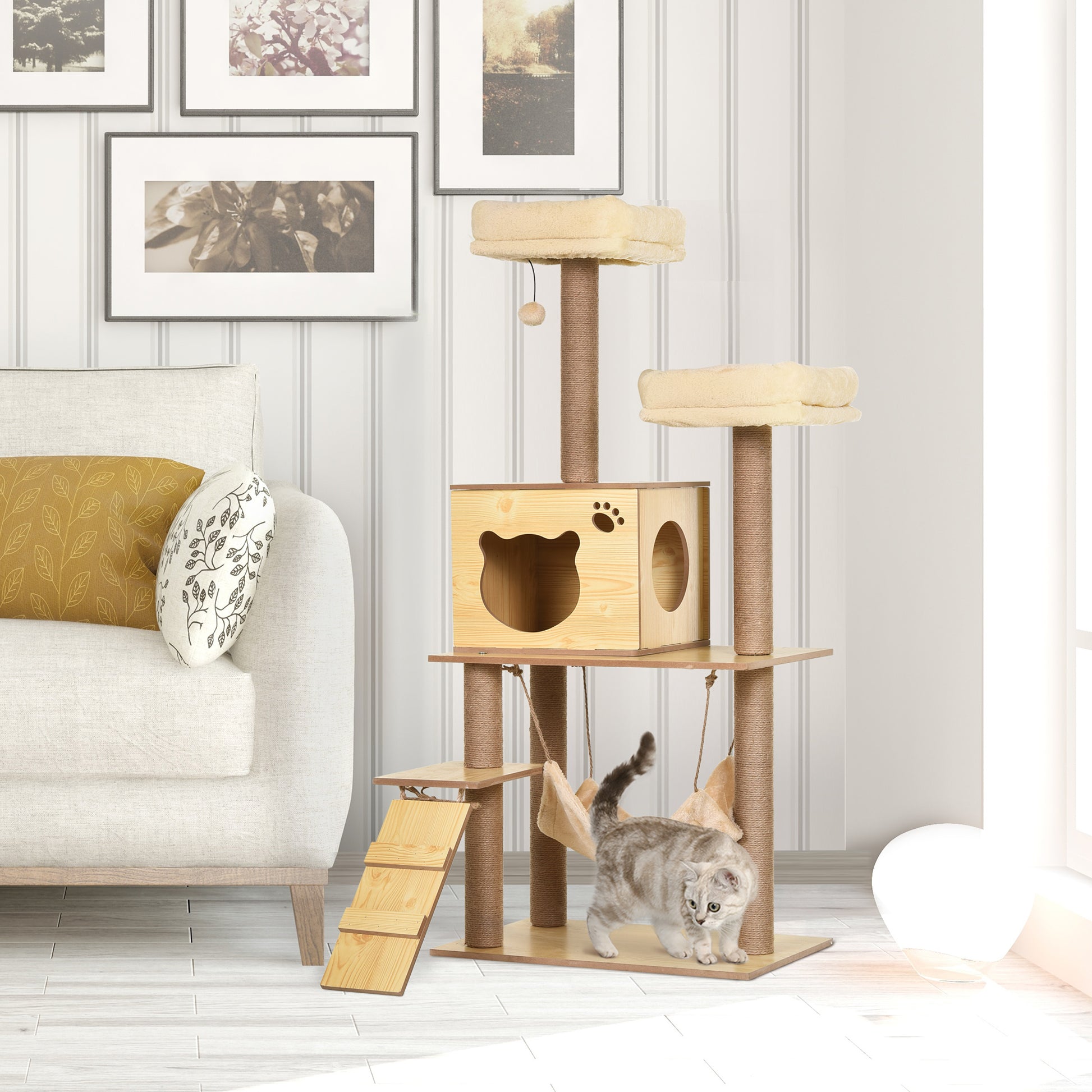 Pawhut Árbol Rascador Para Gatos Altura 130cm Con Postes De Yute 2 Camas Natural_1