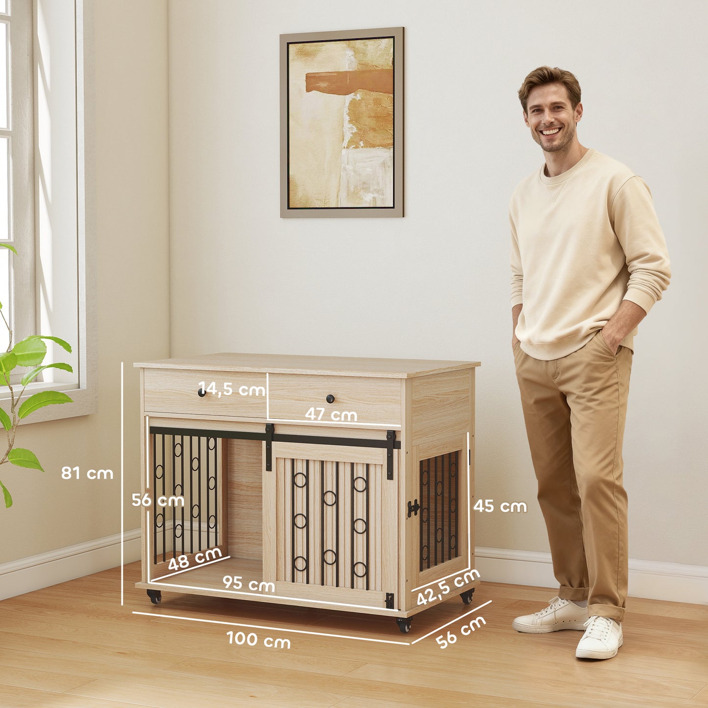 Pawhut Jaula Para Perros Mesa Auxiliar Con 2 Cajones 2 Puertas Y Cierre Roble_2