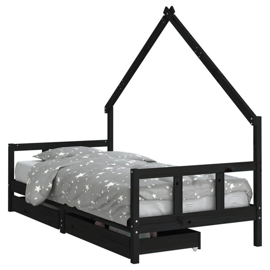 Vidaxl Estructura De Cama Niños Con Cajones Madera Pino Negro 90x200cm_0