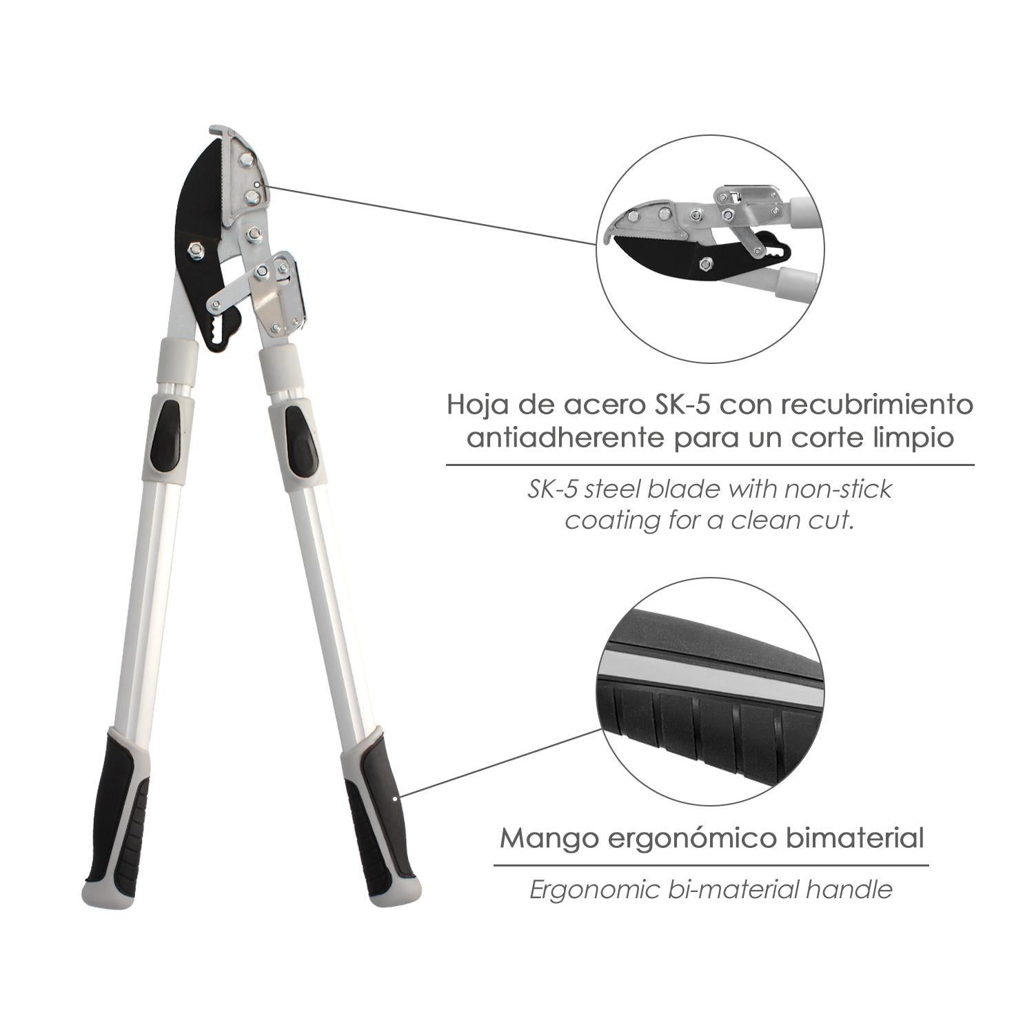 Tijeras Podar 2 Manos Yunque. Telescopica De 68 A 95 Cm. Mango Aluminio Multiplicador Fuerza, Corte Ø 35 Mm. Empuñadura Tpr