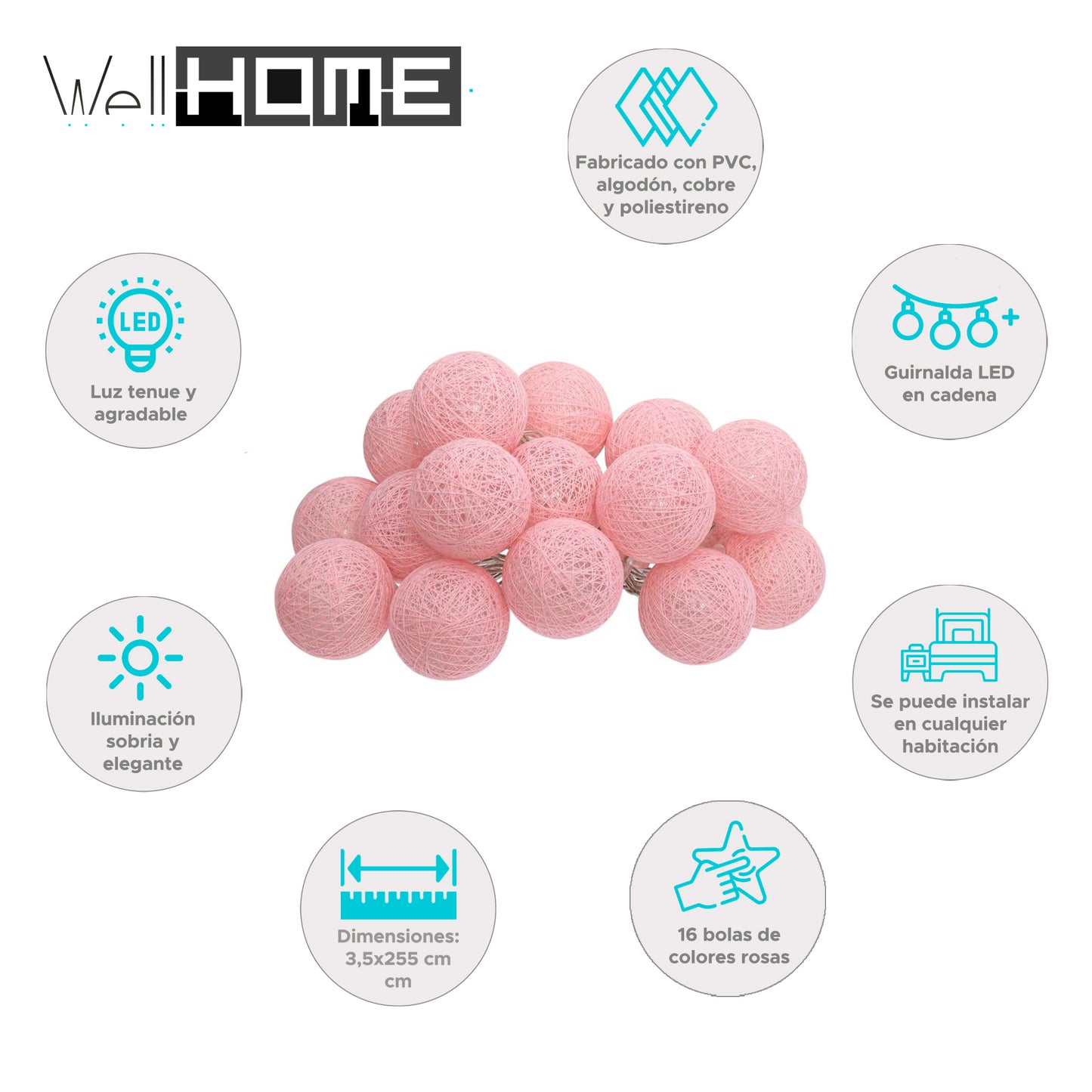 Wellhome Guirnalda Led Rosada 16 Bolas D.3,5cm