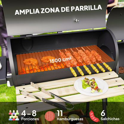Outsunny Barbacoa De Carbón Con Termómetro Ruedas Estantes Madera 124x53x108cm_4