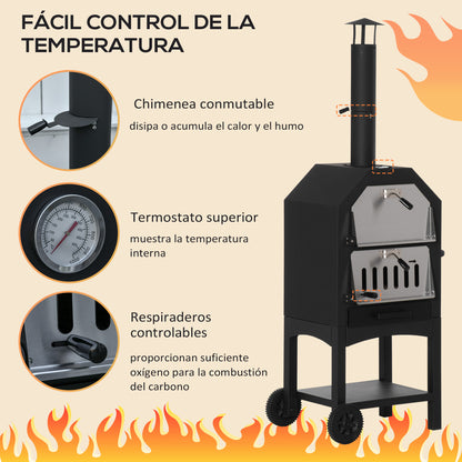Outsunny Horno De Pizza Exterior Con 2 Capas Ruedas Cajón 64x54x160 Cm Negro_4