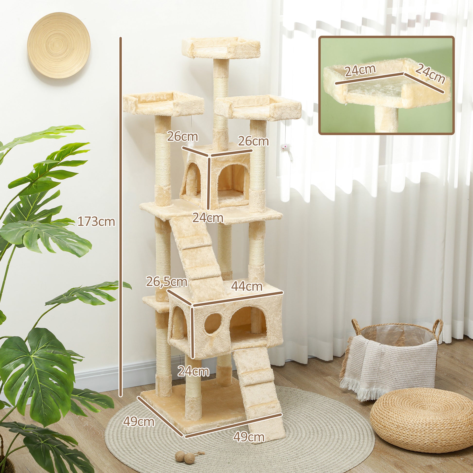 Pawhut Árbol Rascador Para Gatos Grande 49x49x173 Cm Con Múltiples Niveles Beige_2