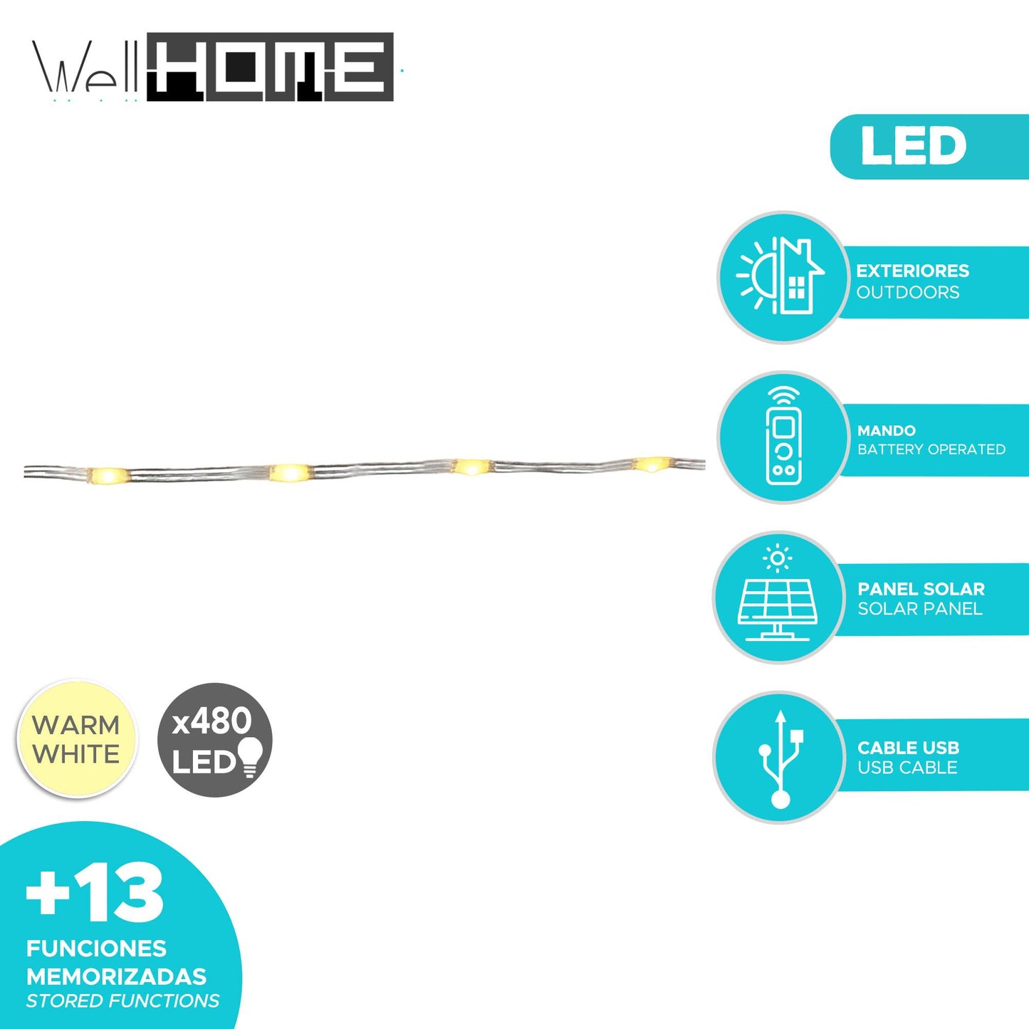Well Home Cadena De Luces Solares Recargables De 480 Luces Led_1