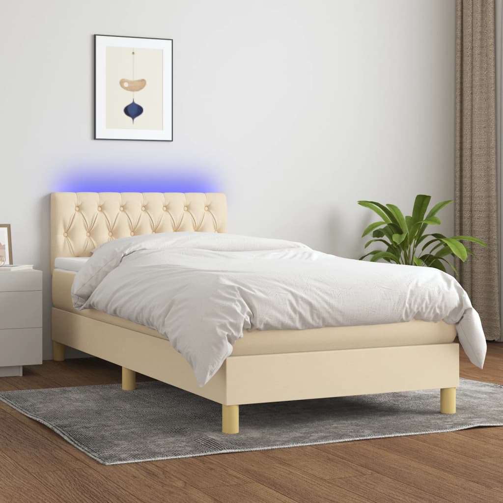 Cama Box Spring Con Colchón Y Led Tela Crema 90x190 Cm / Vetonek_3