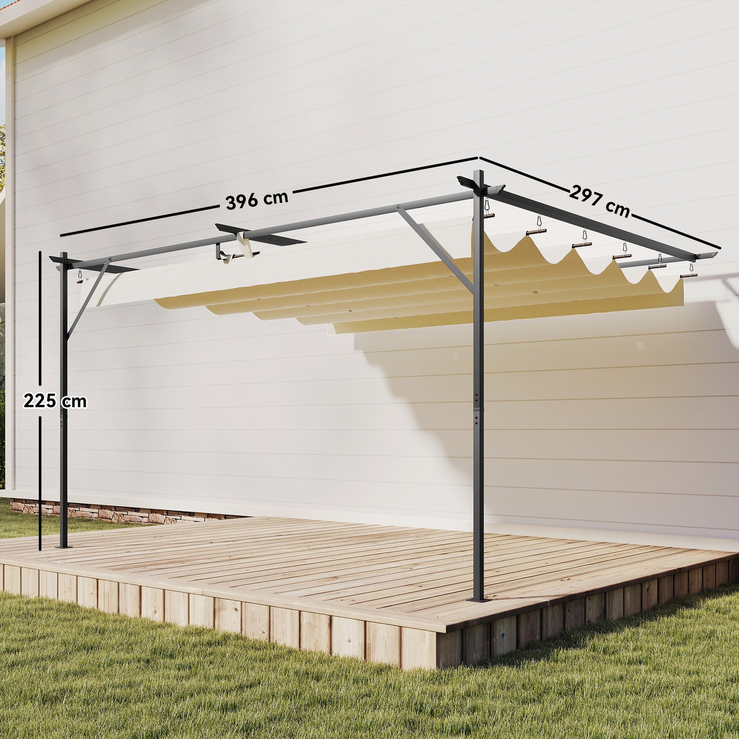 Outsunny Pérgola De Pared 4x3 M Con Techo Retráctil Upf30+ Blanco Crema_2