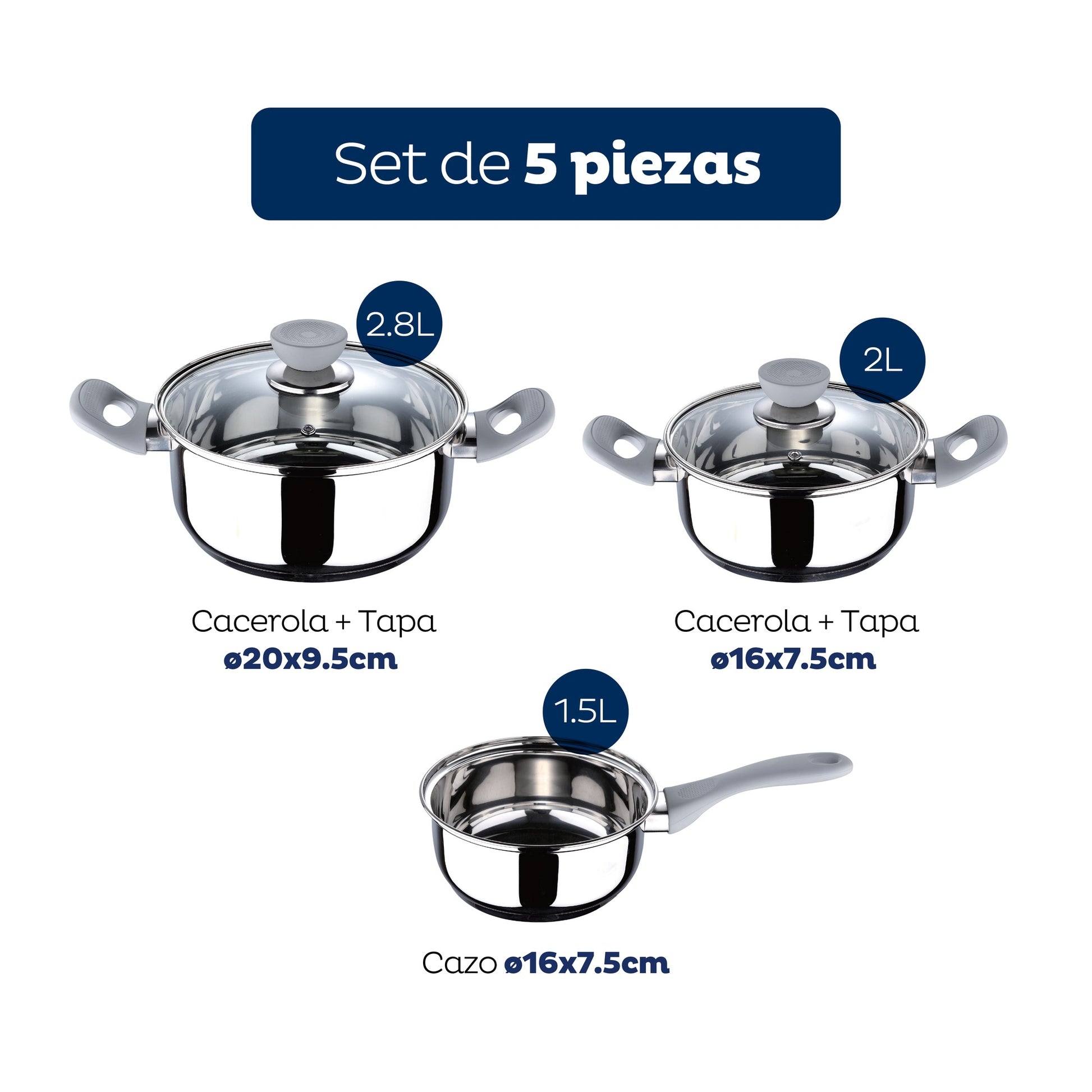 Set 5pc Bateria Cocina Acero Inox Ind Gris Alexia