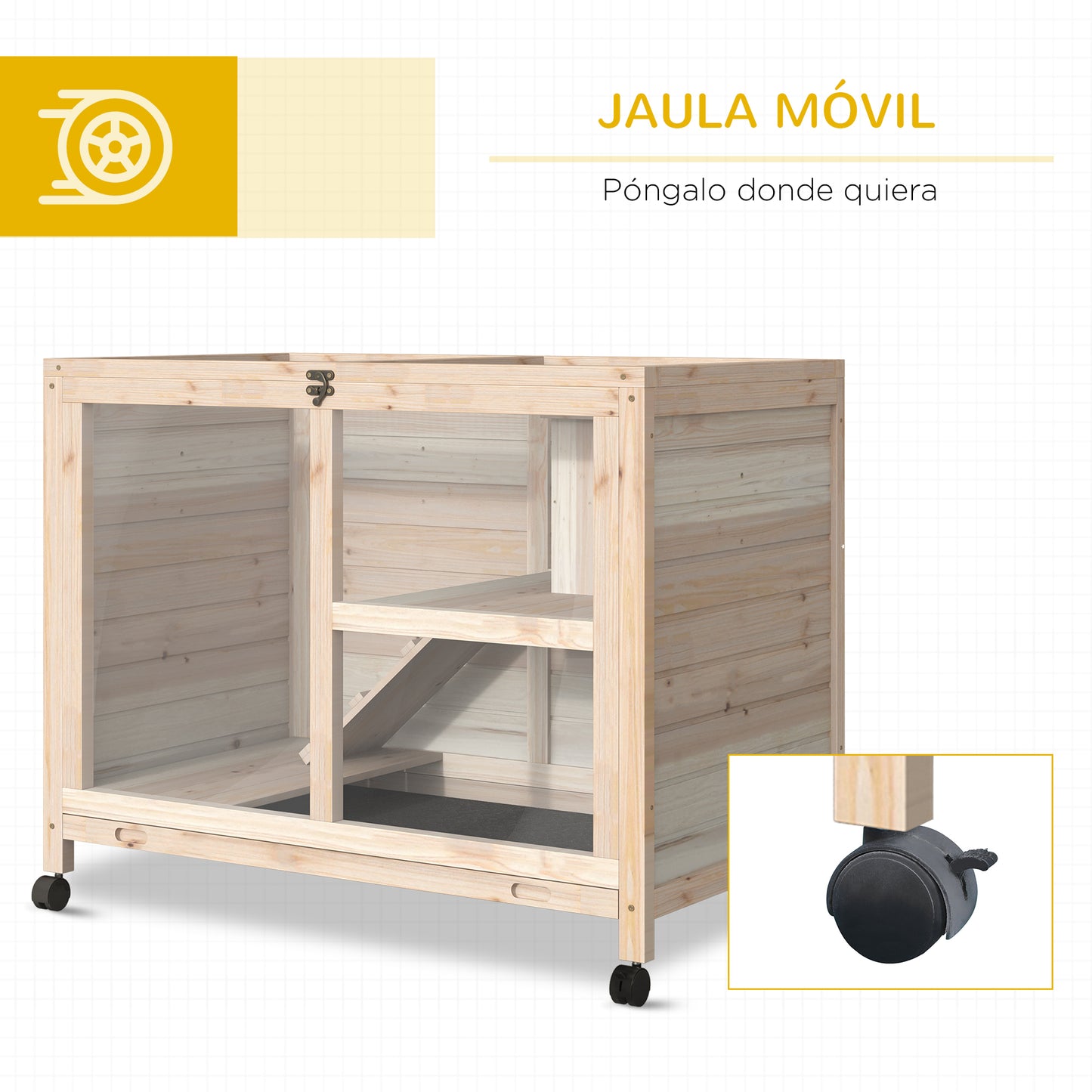 Pawhut Conejera De Madera Con Ruedas 91,5x53,3x73 Cm Techo Abatible Bandeja_5