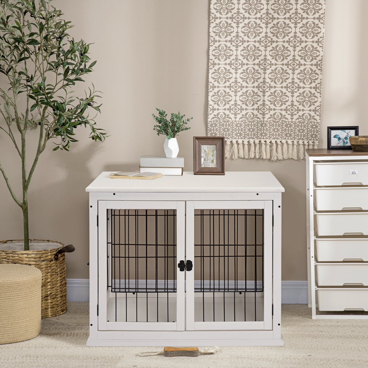 Pawhut Jaula Perros Madera Con Superficie De Mesa 2 Puertas 81x58,5x66 Cm Blanco_1