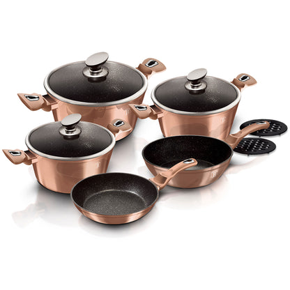 Batería Cocina Inducción 10 Piezas, Antiadherente Mármol Sin Pfoa, Aluminio, Cazuelas Sartenes Berlinger Haus Rose Gold Oro Rosado_2