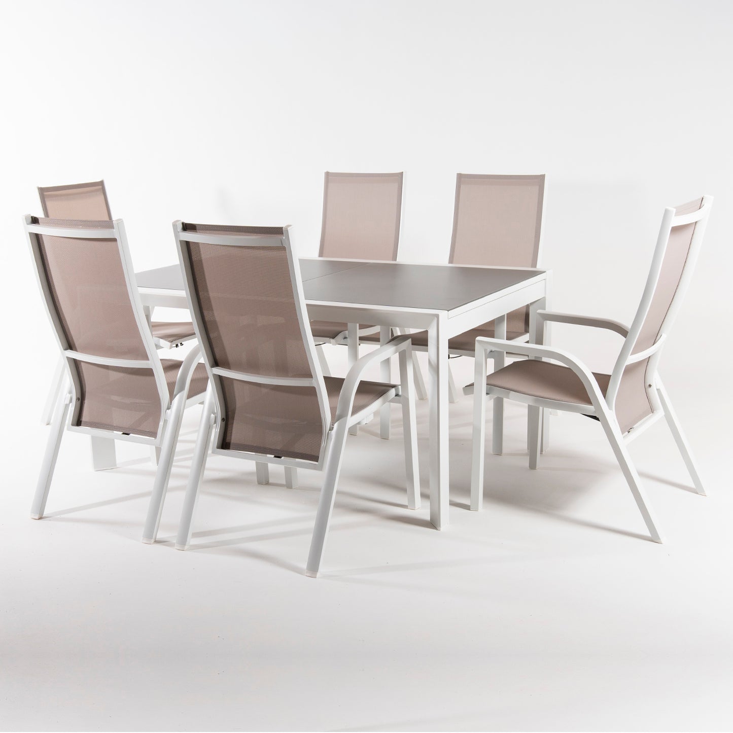 Conjunto De Jardín, Mesa Extensible 160/210 Cm Y 6 Sillones Reclinables, Aluminio Blanco, Textilene Taupé, Cristal Mate, Templado Y Grueso Color Taupé_2