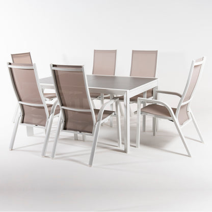 Conjunto De Jardín, Mesa Extensible 160/210 Cm Y 6 Sillones Reclinables, Aluminio Blanco, Textilene Taupé, Cristal Mate, Templado Y Grueso Color Taupé_2