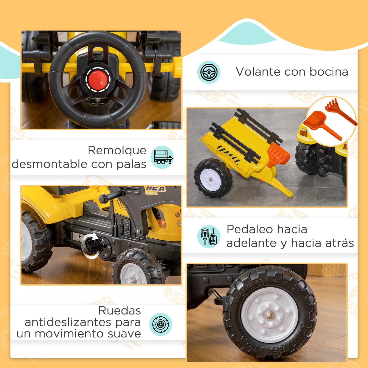 Homcom Tractor A Pedales Para Niños De 3 Años Con Remolque 167x41x52 Cm Amarillo_4