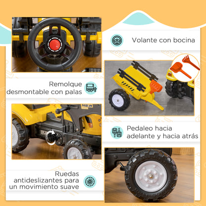 Homcom Tractor A Pedales Para Niños De 3 Años Con Remolque 167x41x52 Cm Amarillo_4