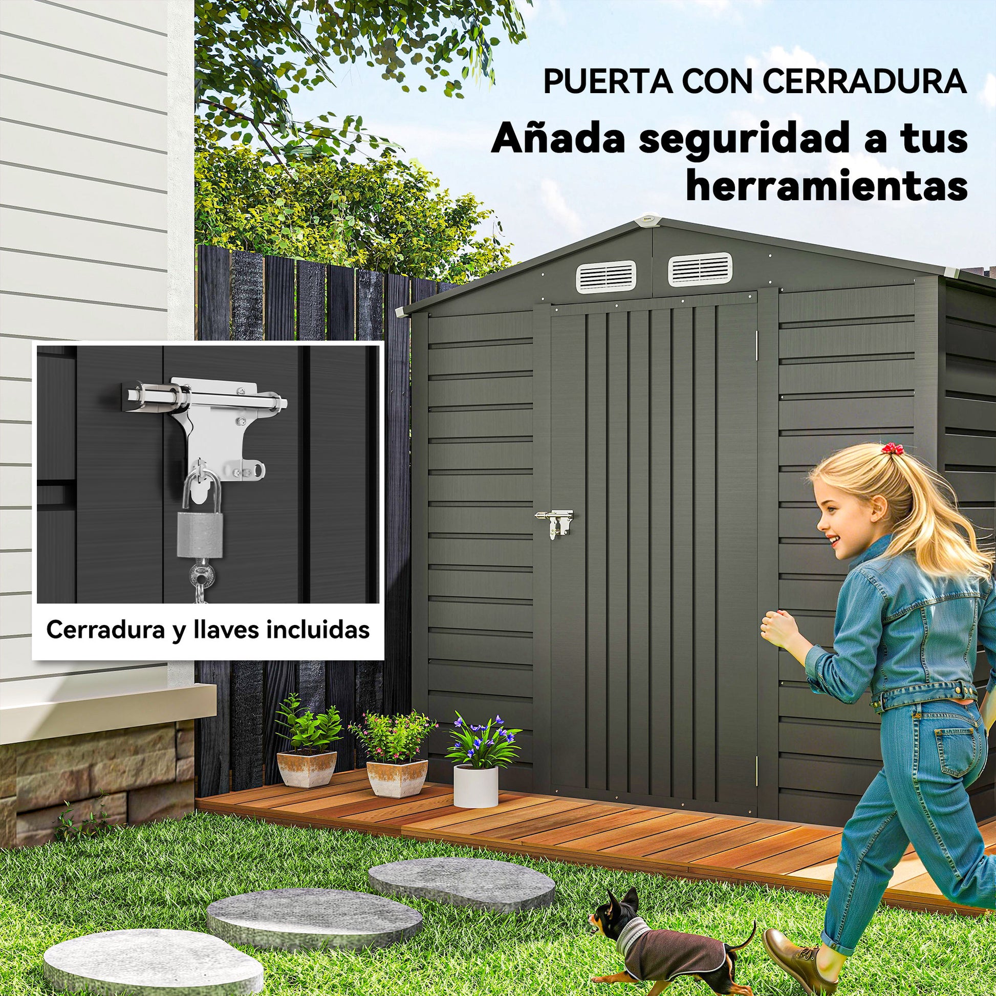 Outsunny Caseta De Jardín 190x131x188 Cm Con 2 Ventilaciones Y Puerta Gris_5