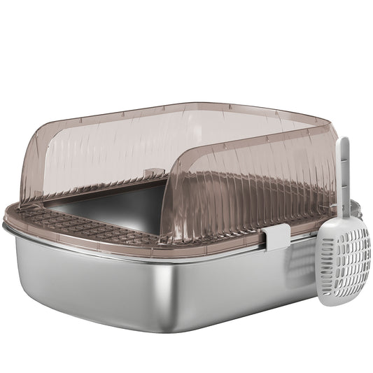 Pawhut Arenero Para Gatos Cubierto Con Bandeja De Acero Bordes Altos Y Pala Gris_0