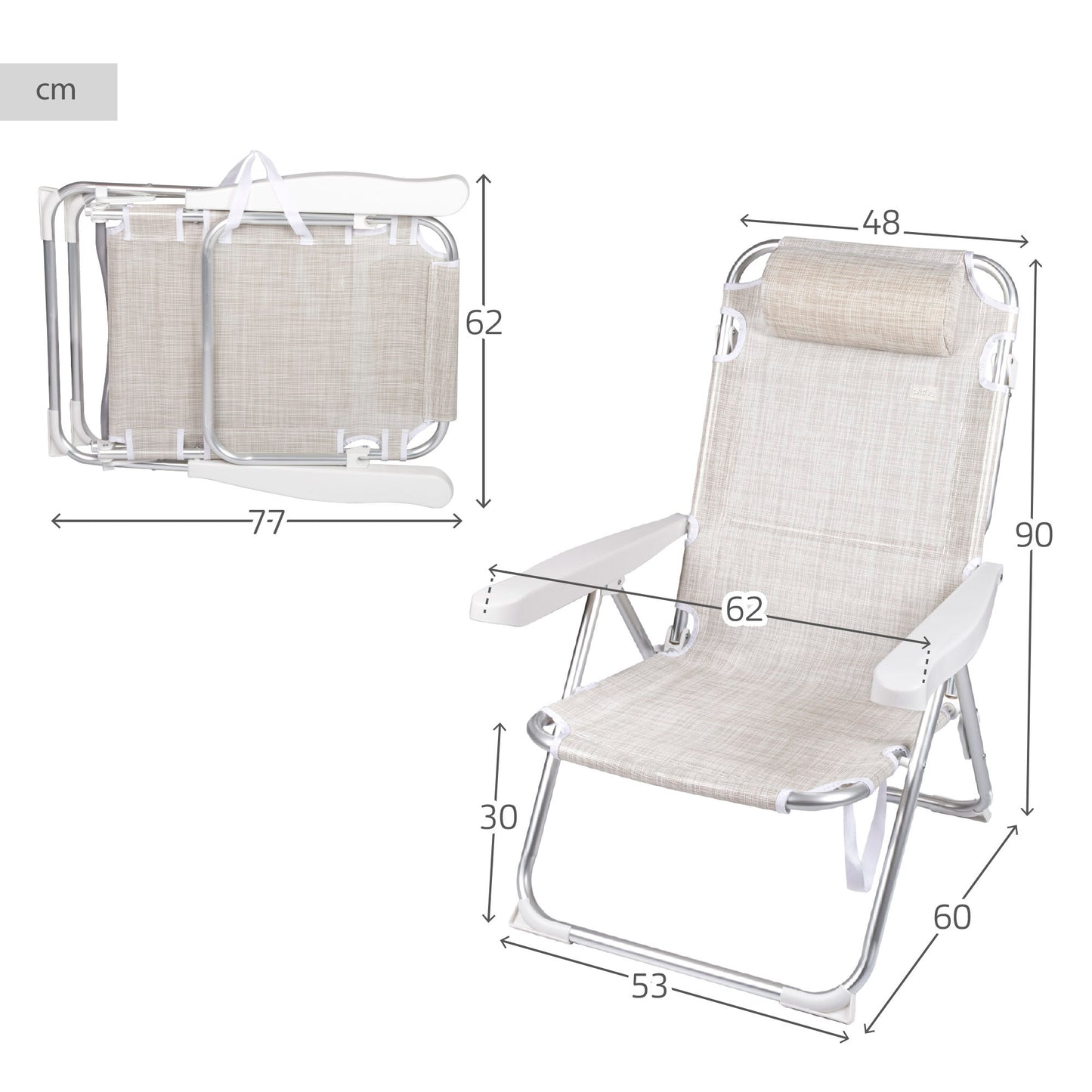 Aktive Pack 2 Sillas Playa 48x60x90 Cm Beige 5 Posiciones Con Cojín_3
