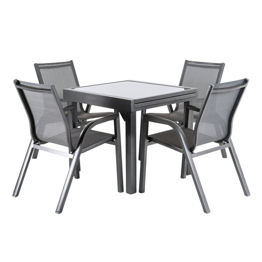 Conjunto Exterior Color Antracita, Mesa Extensible 80/160 Y 4 Sillones Apilables, Aluminio Reforzado, Textilene Plata Y Negro, 4 Plazas_0