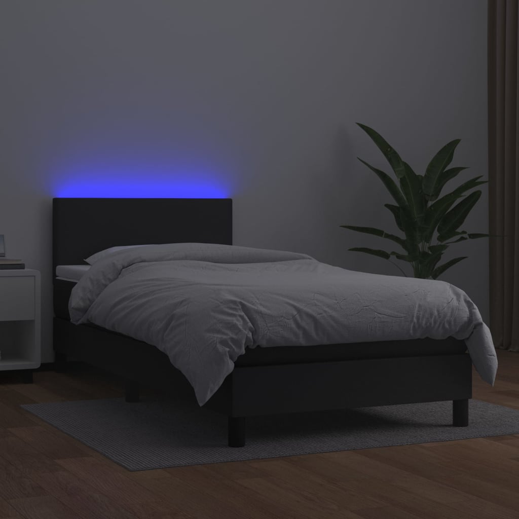 Cama Box Spring Y Colchón Led Cuero Sintético Negro 90x200 Cm / Vetonek_0