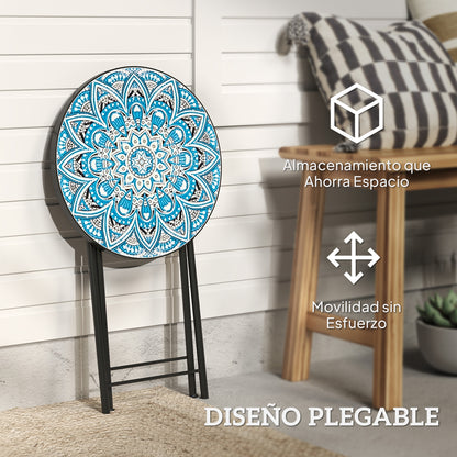Outsunny Mesa Auxiliar Redonda Plegable Con Encimera De Mosaico Azul_4
