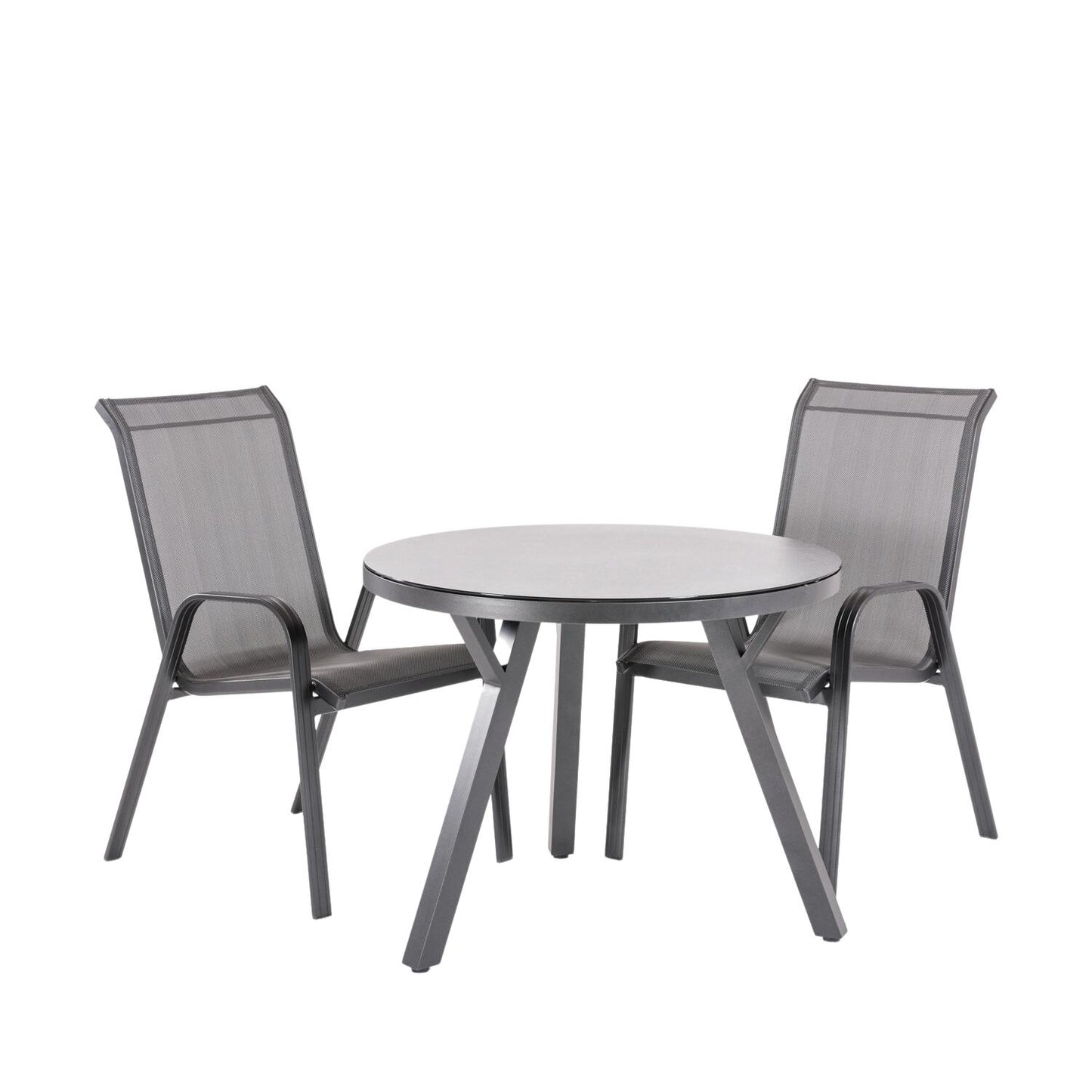 Conjunto De Mesas Y Sillas De Jardín, Redonda 90 Cm, Cristal Templado, Color Antracita + 2 Sillones Aluminio_0