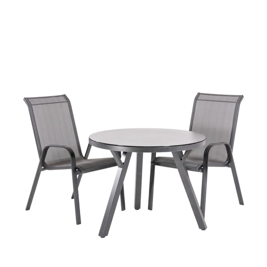 Conjunto De Mesas Y Sillas De Jardín, Redonda 90 Cm, Cristal Templado, Color Antracita + 2 Sillones Aluminio_0